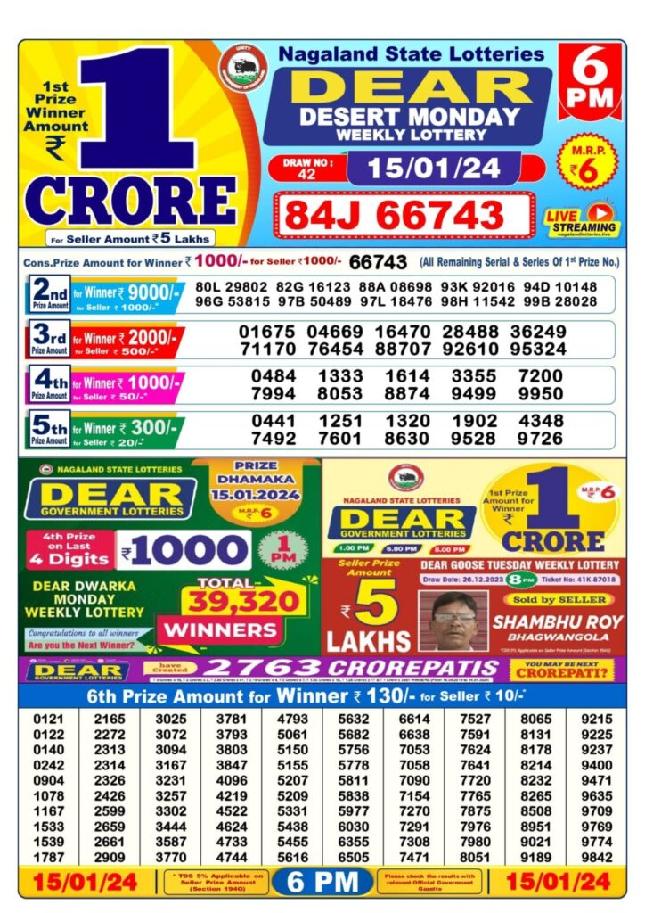 15 January lottery result 6pm