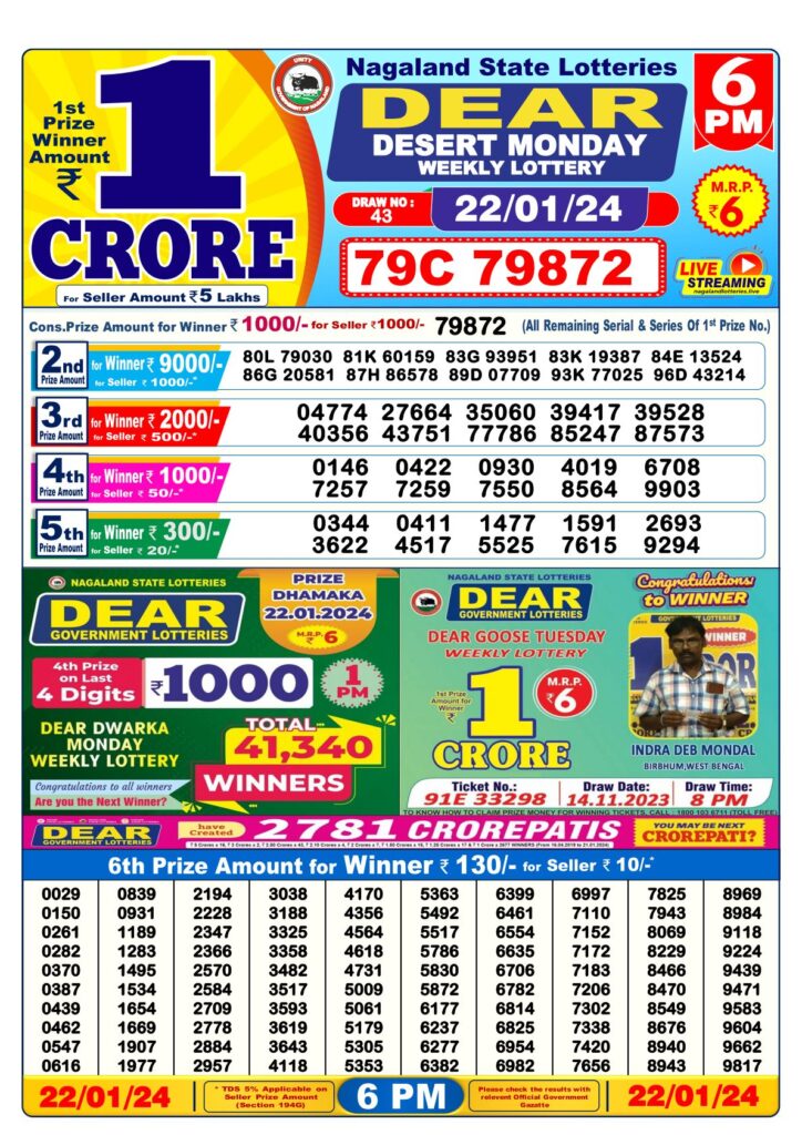 Nagaland State Lottery Dear 6pm