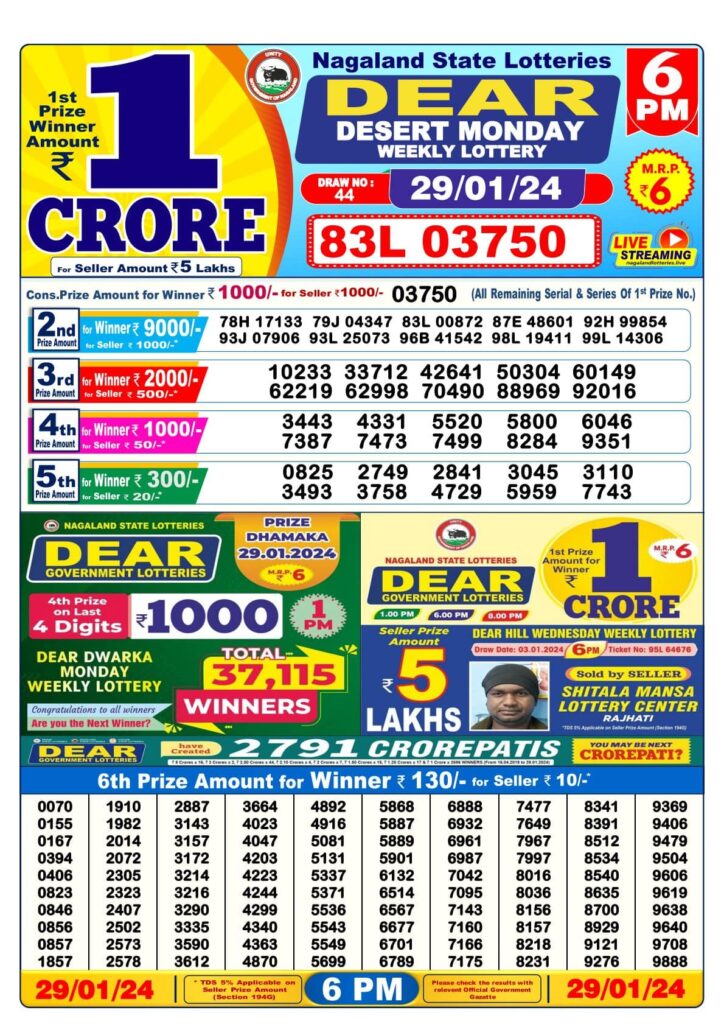 Nagaland State Lottery chart 6pm