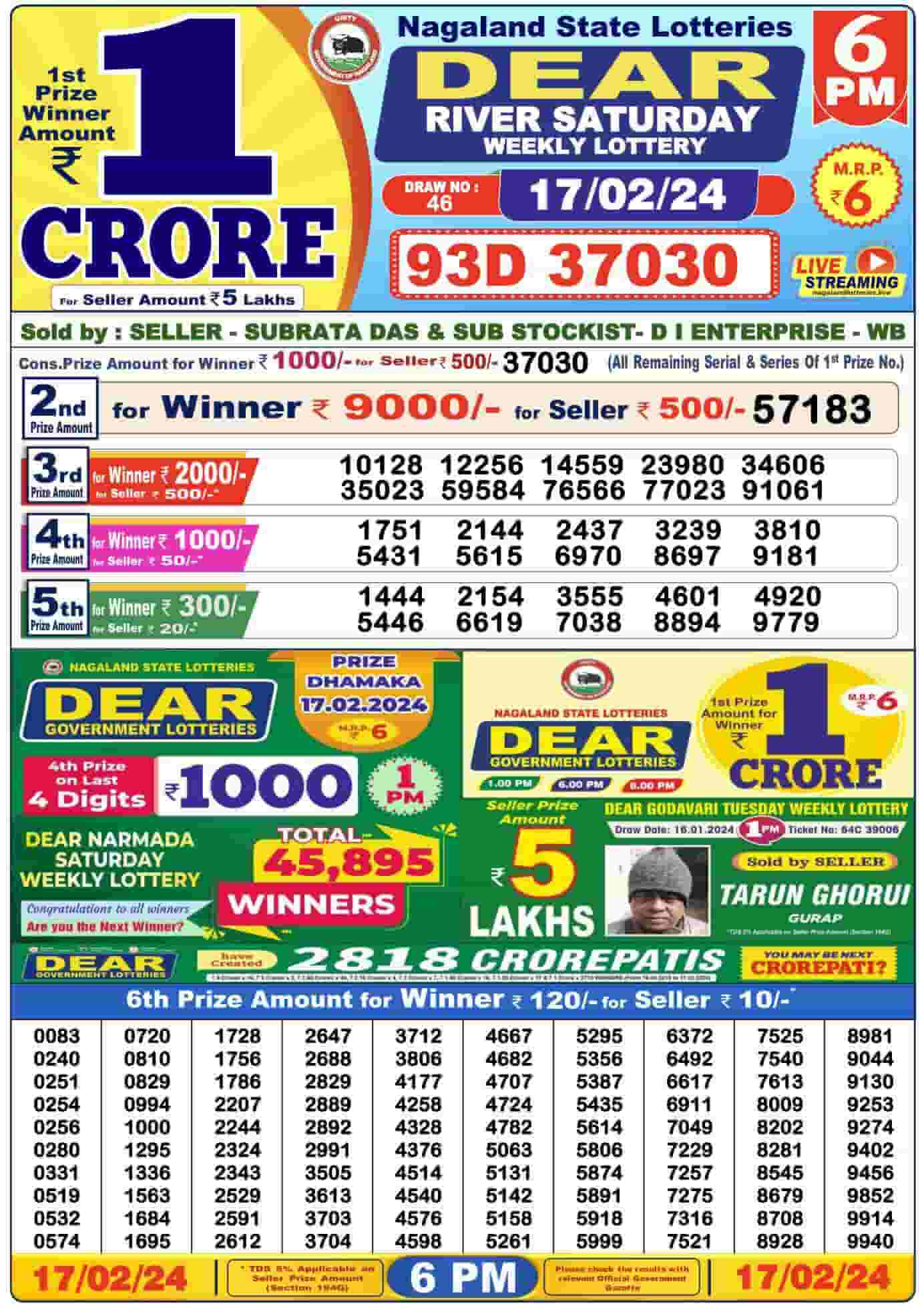 Dear Lottery Sambad Saturday Live Result February 17-2-2024